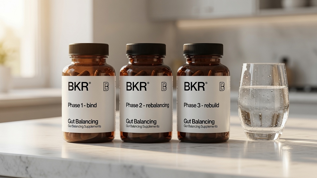 the three BKR® bottles on a clean surface, morning light, a glass of water. Product hero shot. Label facing camera