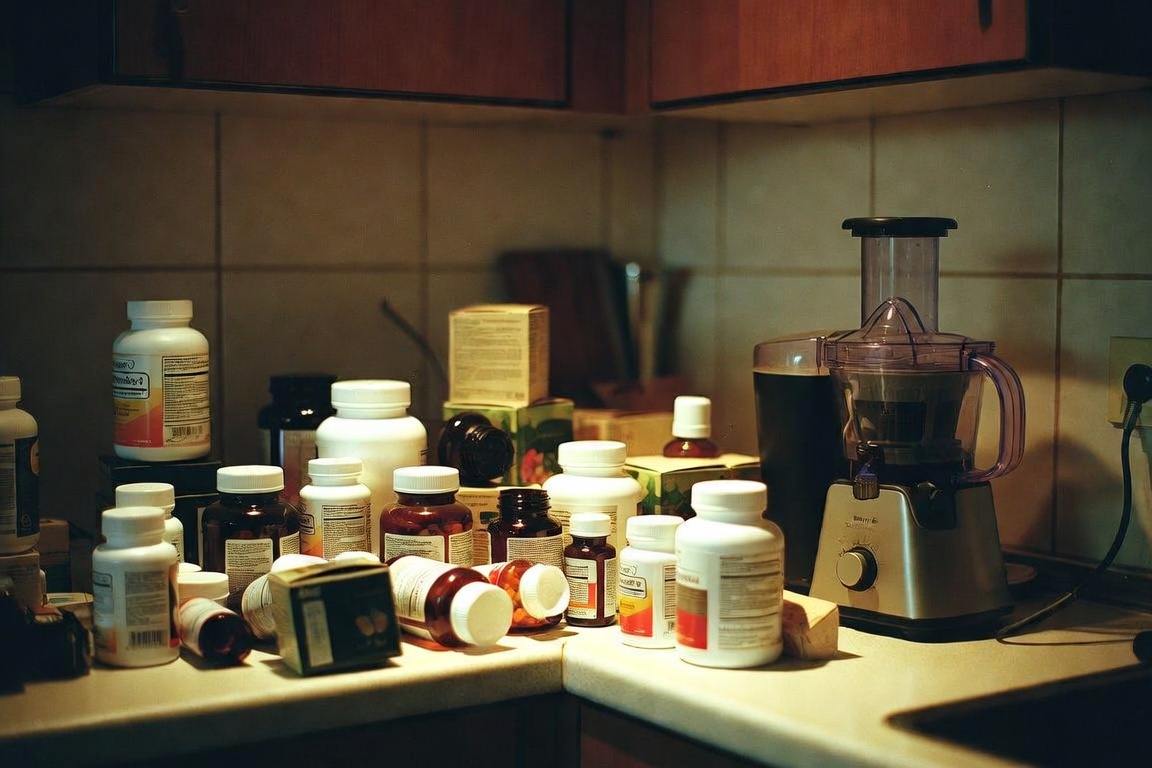 a kitchen counter crowded with half-used supplement bottles, tea boxes, a juicer. The graveyard shot. Warm light, slightly wry, not gross
