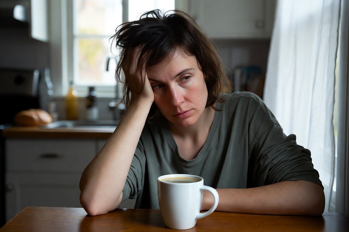 person at a kitchen table in morning light, coffee untouched, hand on forehead. Tired but relatable, not miserable. No stock-photo grins
